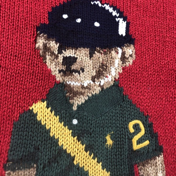 Polo Ralph Lauren Sweater Mens Medium Red Bear Knit Cotton Linen Classic RL - Picture 5 of 15